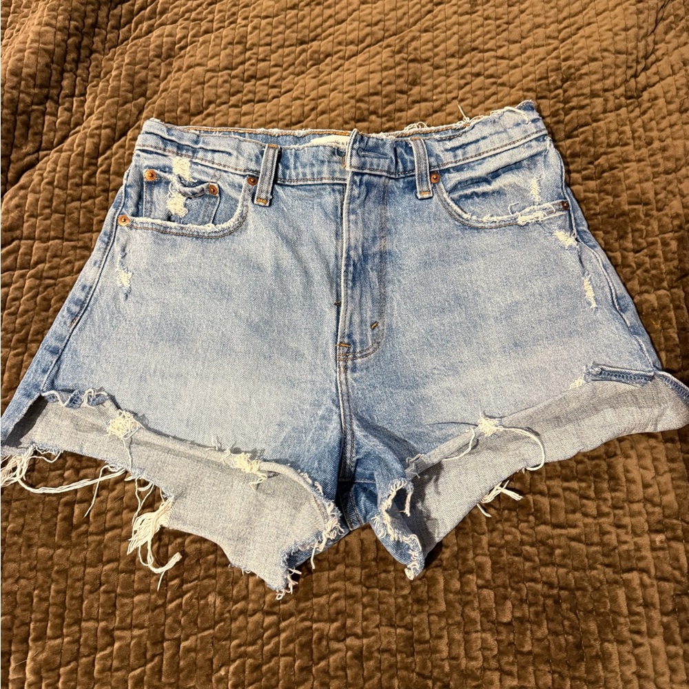 Abercrombie & Fitch High-Rise Distressed Denim Shorts - Light Blue